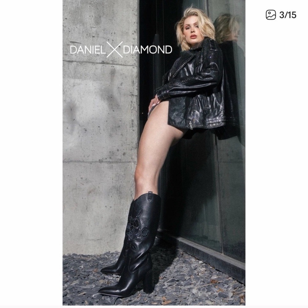Daniel‎ x Diamond Black Embellished Western Boots Snip Toe Block Heel